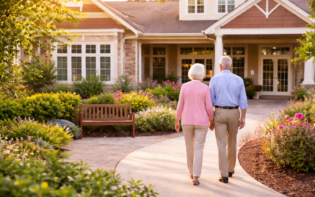 couple holding hands walking toward building