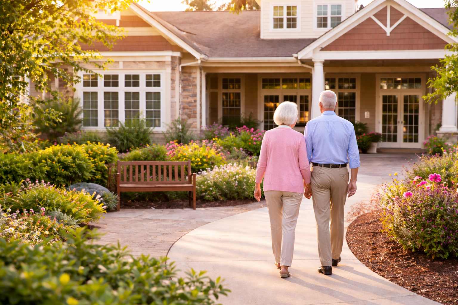 couple holding hands walking toward building
